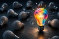 A vibrant, multicolored light bulb glowing brightly among a group of muted gray light bulbs, symbolizing a brand that stands out through creativity, originality, and a unique identity. Hand-drawn arrows, stars, and colorful paint splashes surround the illuminated bulb, emphasizing innovation and memorable brand personality against a dark, minimalist background.