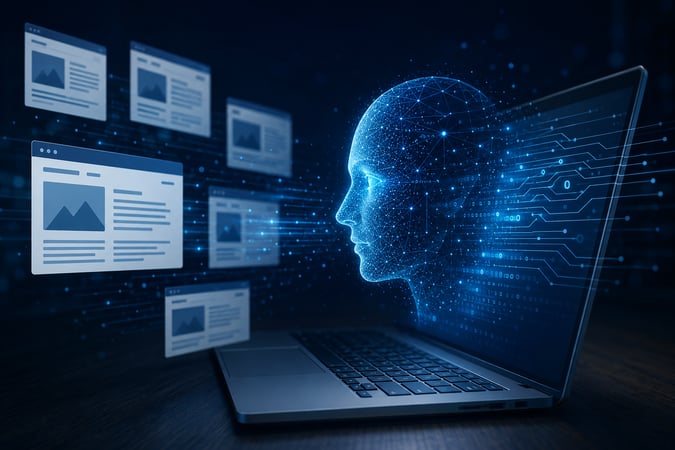 AI analyzing website content through a futuristic digital interface emerging from a laptop.