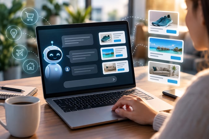 Person using a laptop with an AI chatbot displaying personalized product, travel, and home recommendations.