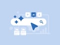 Blue digital illustration featuring a search bar, cursor, magnifying glass, and content icons representing Google search, SEO, and online business visibility.