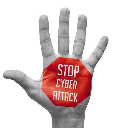 Stop Cyber Attack Sign in Red Polygon on Pale Bare Hand. Isolated on White Background.-1