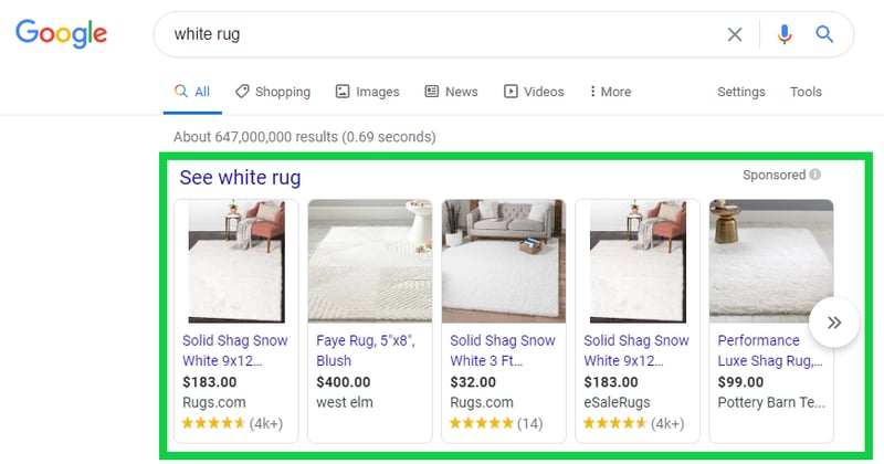 Pictures of Google Shopping Ads with Prices and Ratings