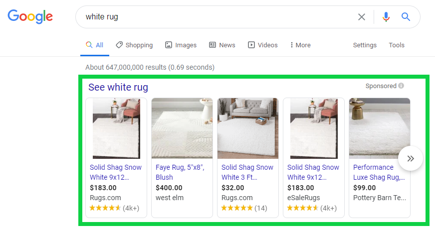 Pictures of Google Shopping Ads with Prices and Ratings