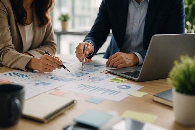 Two business professionals collaborating at a desk while reviewing marketing and sales data, charts, and performance reports on a laptop.
