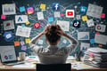 Overwhelmed digital marketer sitting at a cluttered desk surrounded by tangled marketing plans, analytics charts, sticky notes, and multiple digital marketing channels, symbolizing a busy but ineffective marketing strategy.