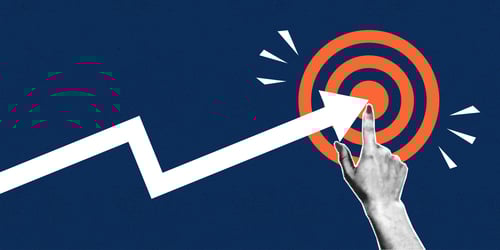 Collage with halftone hand, target and arrow chart hitting the center