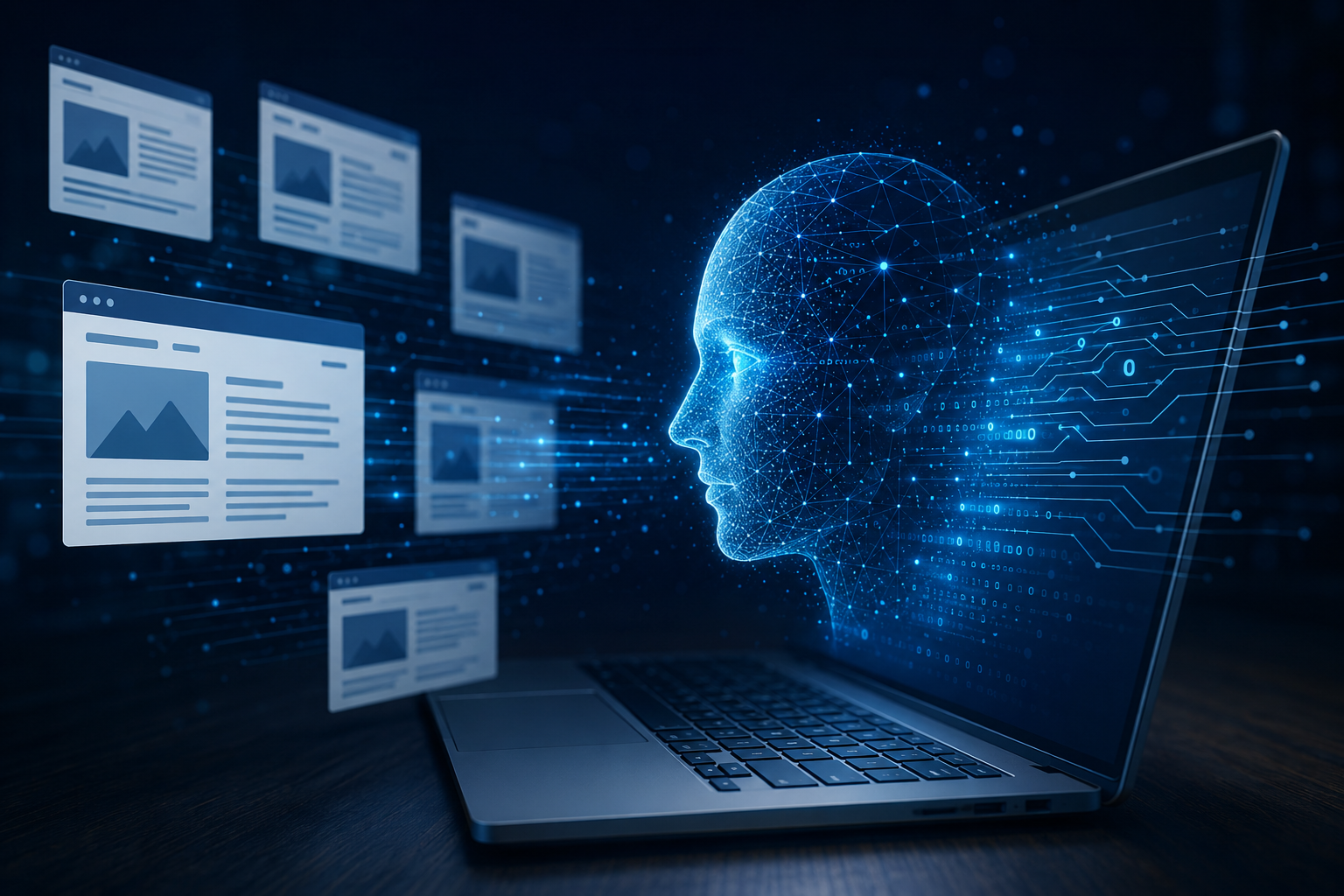 AI analyzing website content through a futuristic digital interface emerging from a laptop.