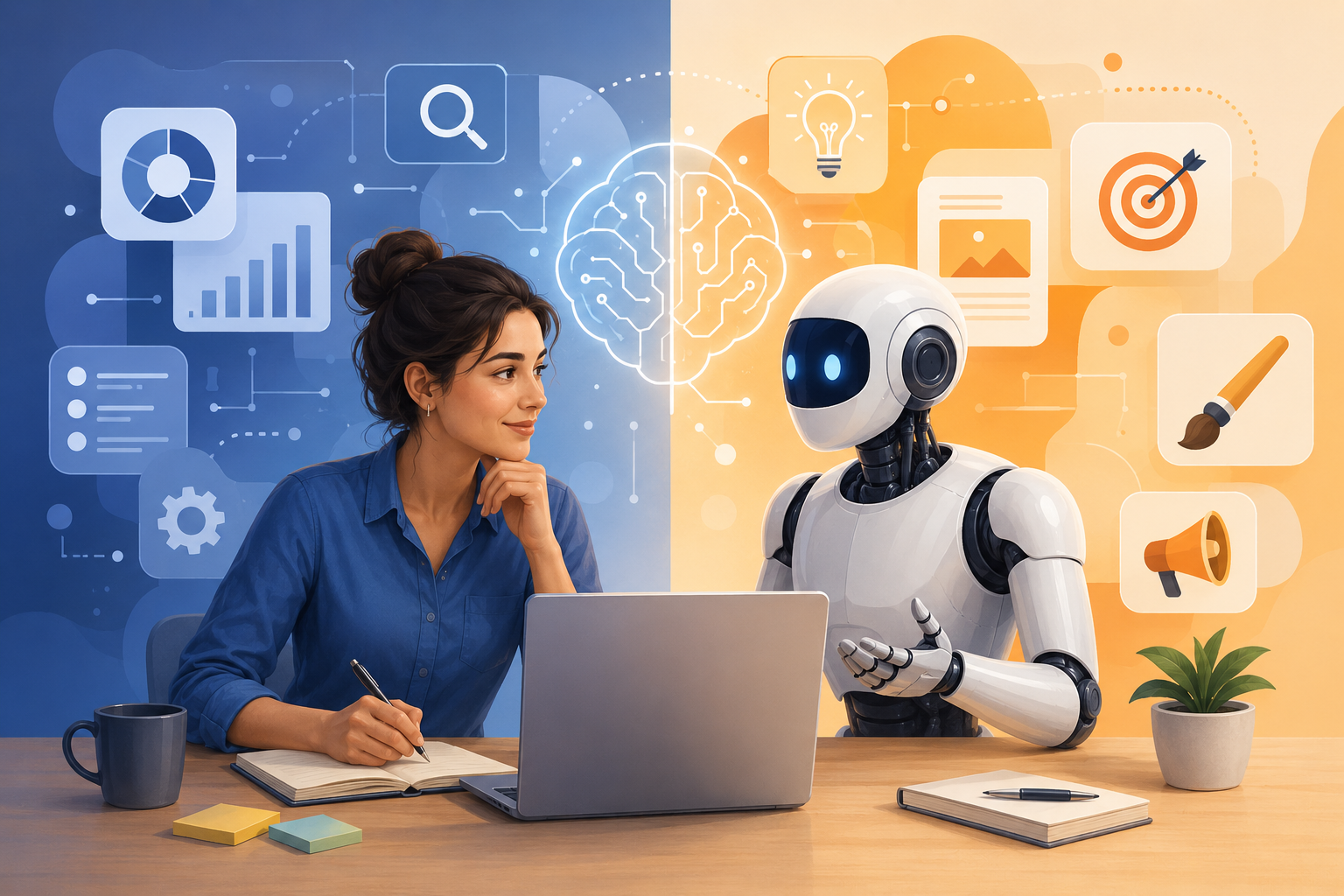 Woman and Ai robot working on marketing campaign. 