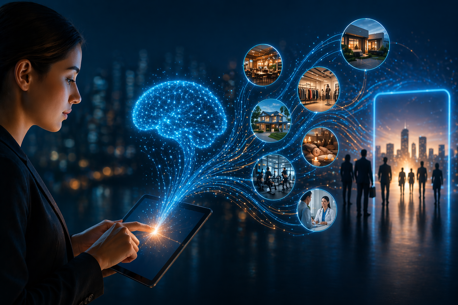 A girl connecting her brain to her device to search for things. 