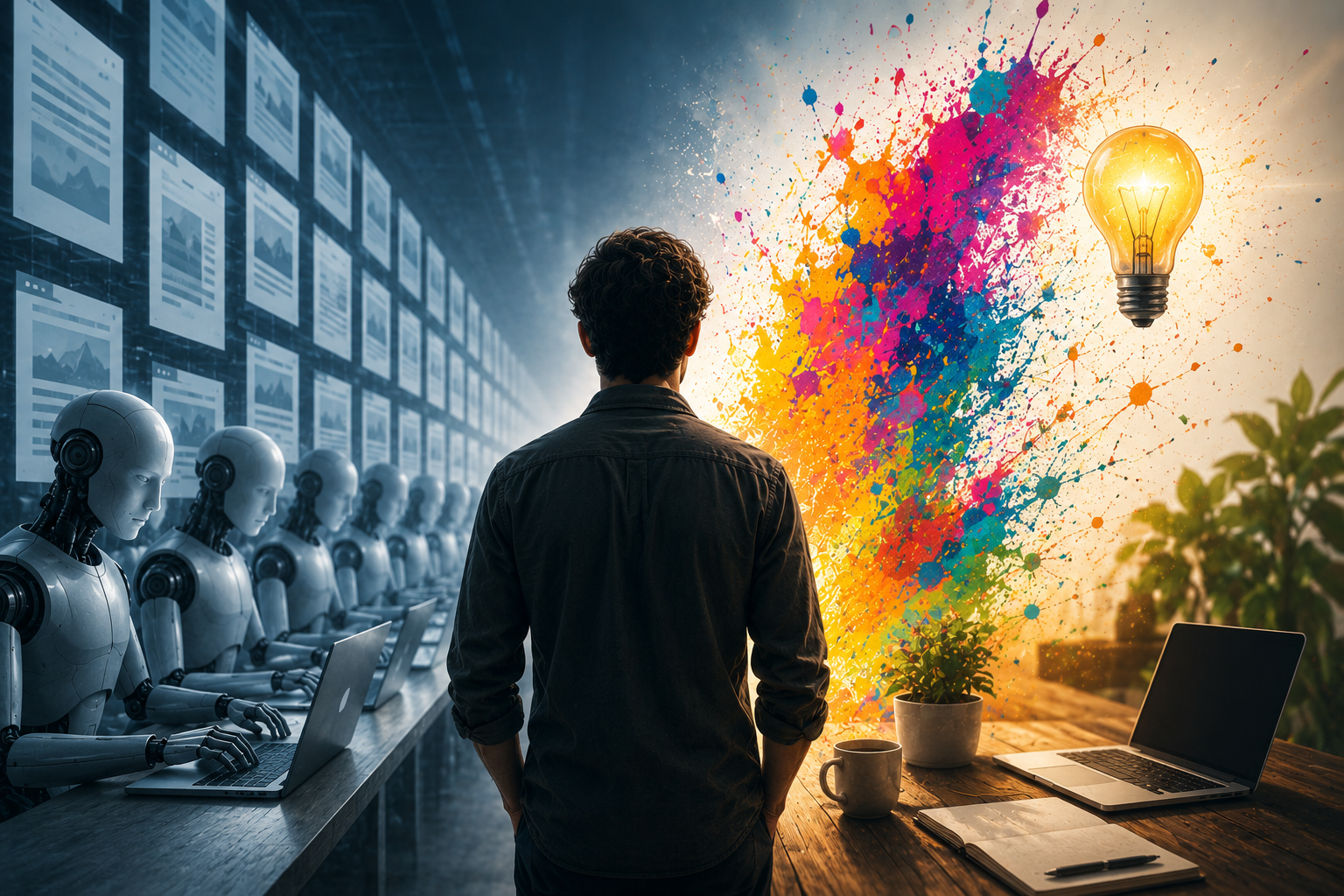 Man standing between AI robots and human creativity. 