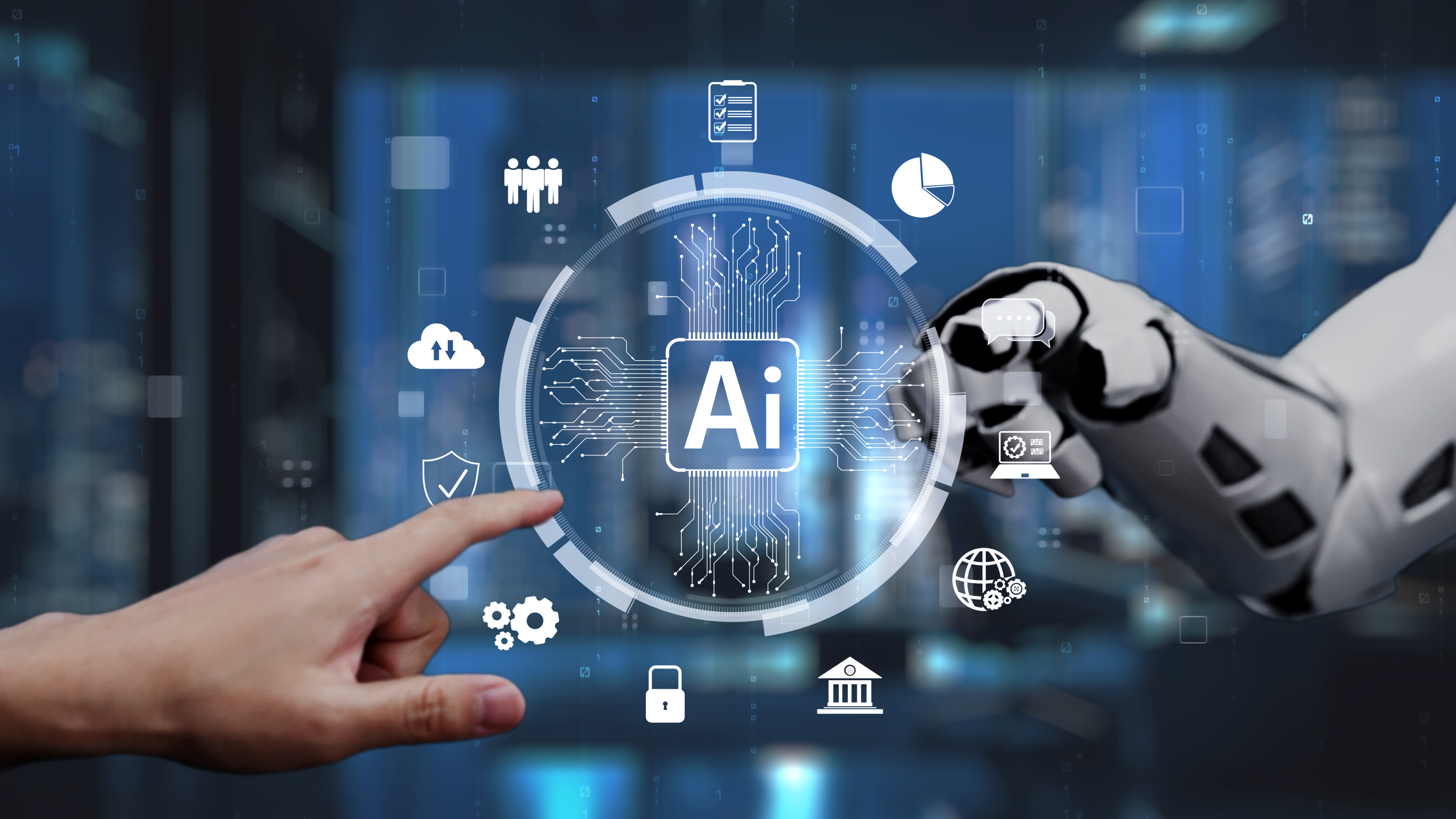 Futuristic Human-Robot Interaction Illustrating Artificial Intelligence