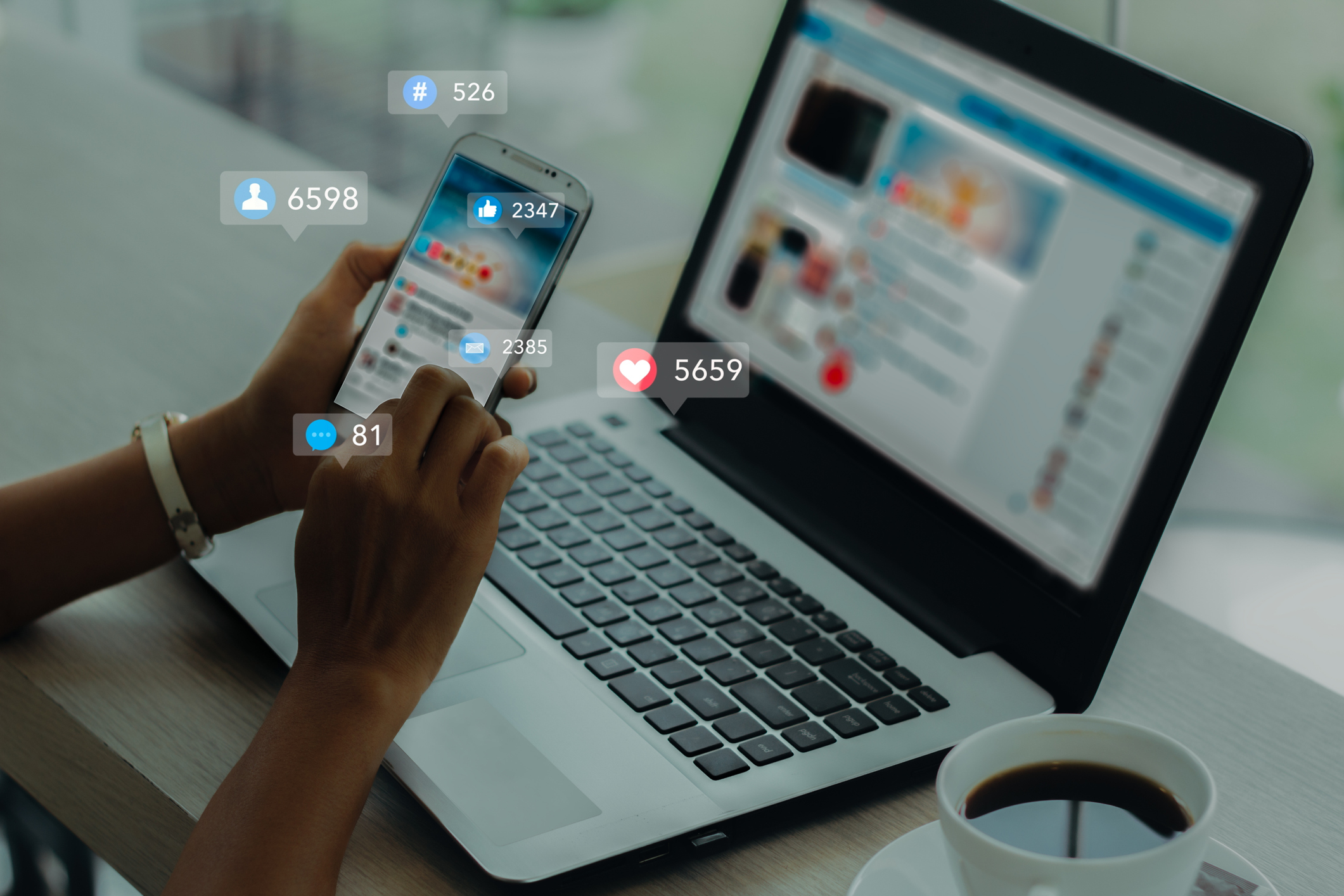 Young woman using smart phone with social media concept