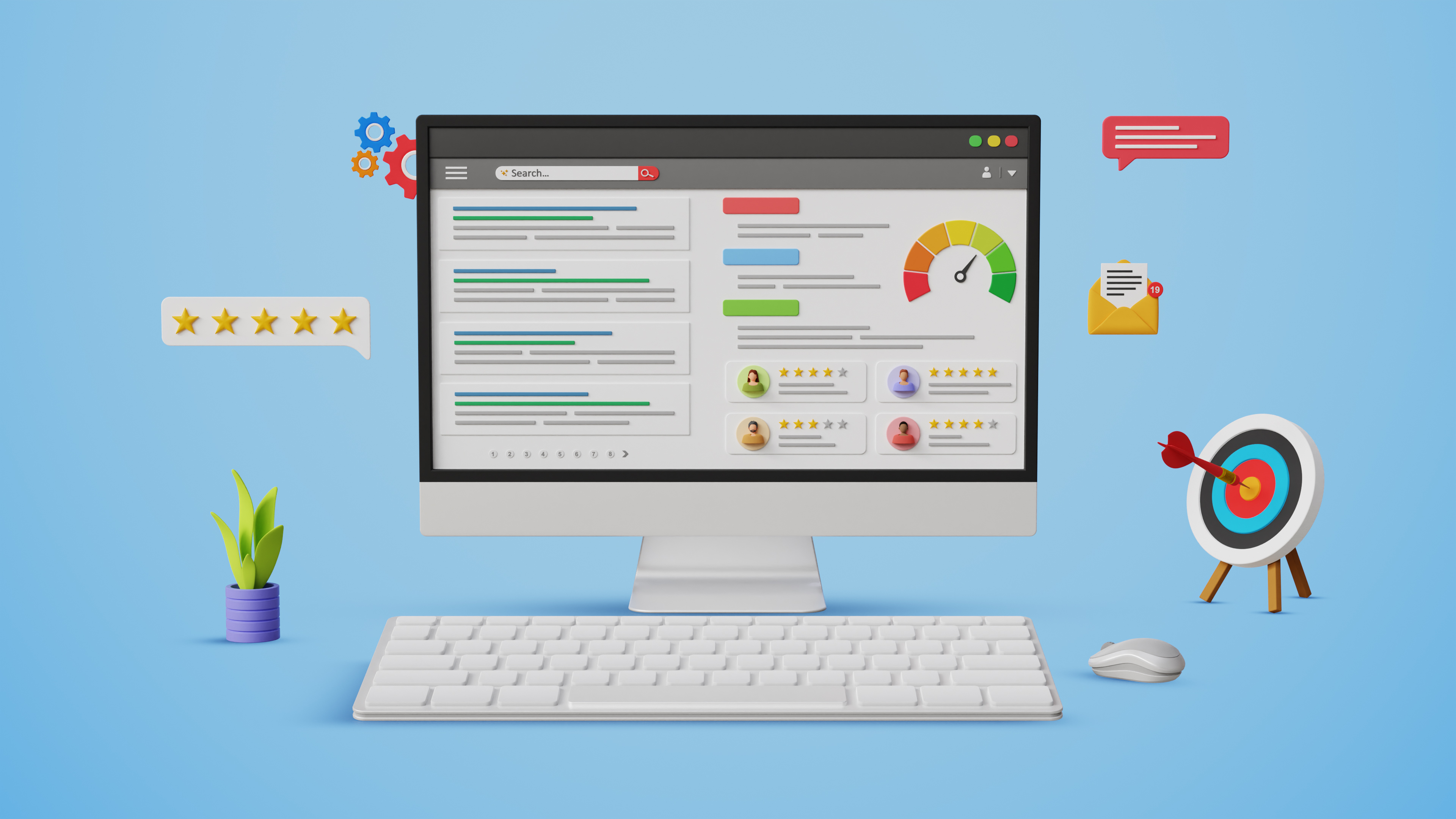 3D illustration of optimized search engine results page on a computer